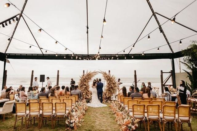 Outdoor destination wedding mandap in the hills