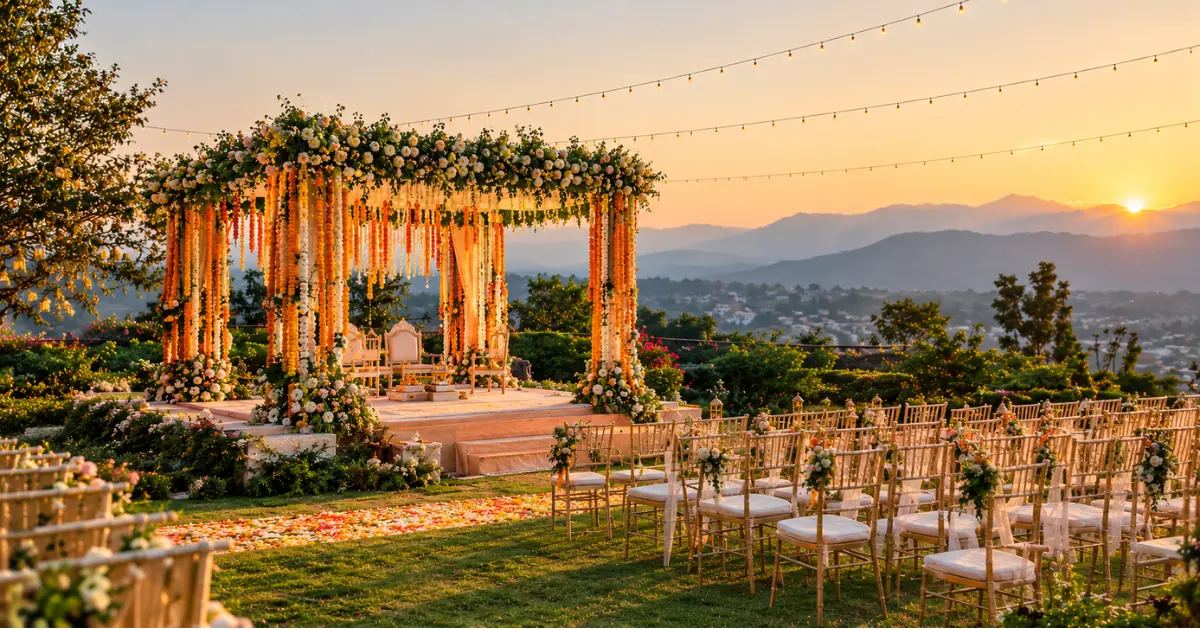 Outdoor wedding mandap decorated with marigolds at sunset in Dehradun