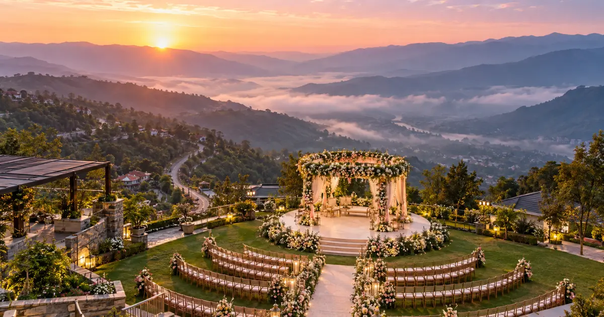 Aerial view of a hillside destination wedding venue in Uttarakhand at sunrise