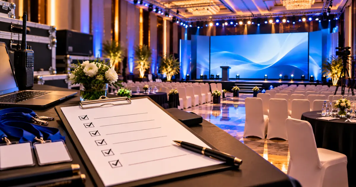 Event checklist on a clipboard with a corporate stage set up behind it