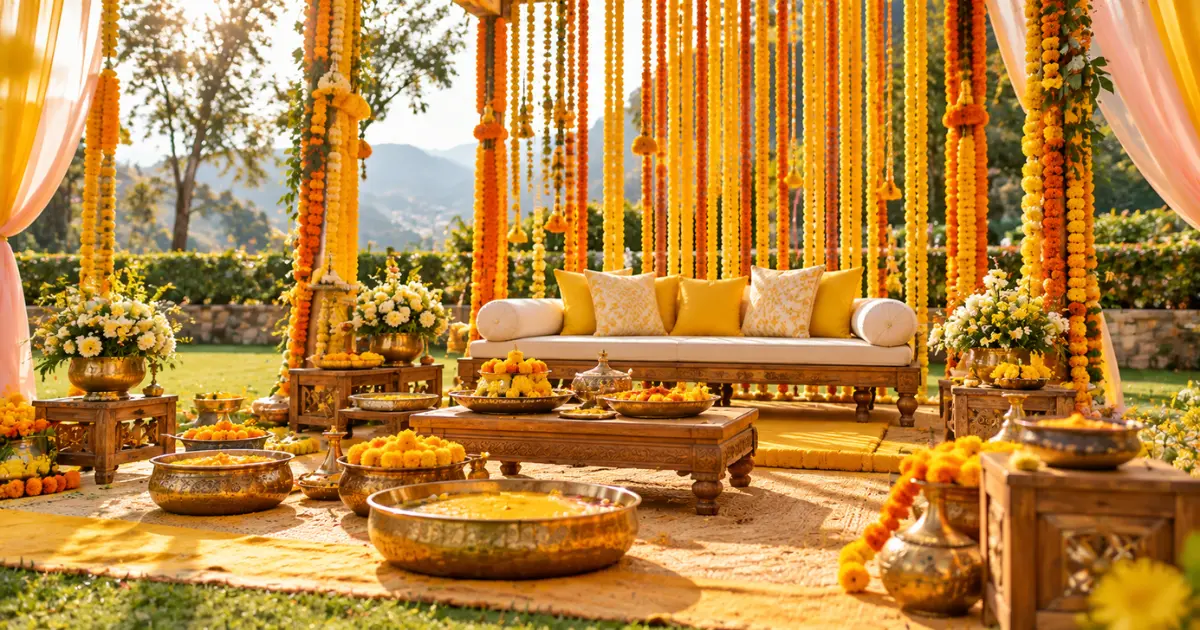 Marigold curtain backdrop and brass bowls set up for a haldi ceremony