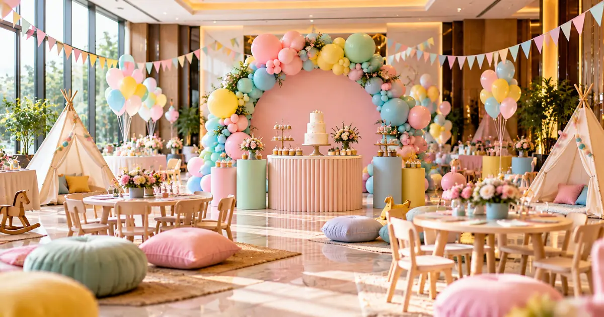 Kids' birthday party setup with a pastel balloon arch and cake table