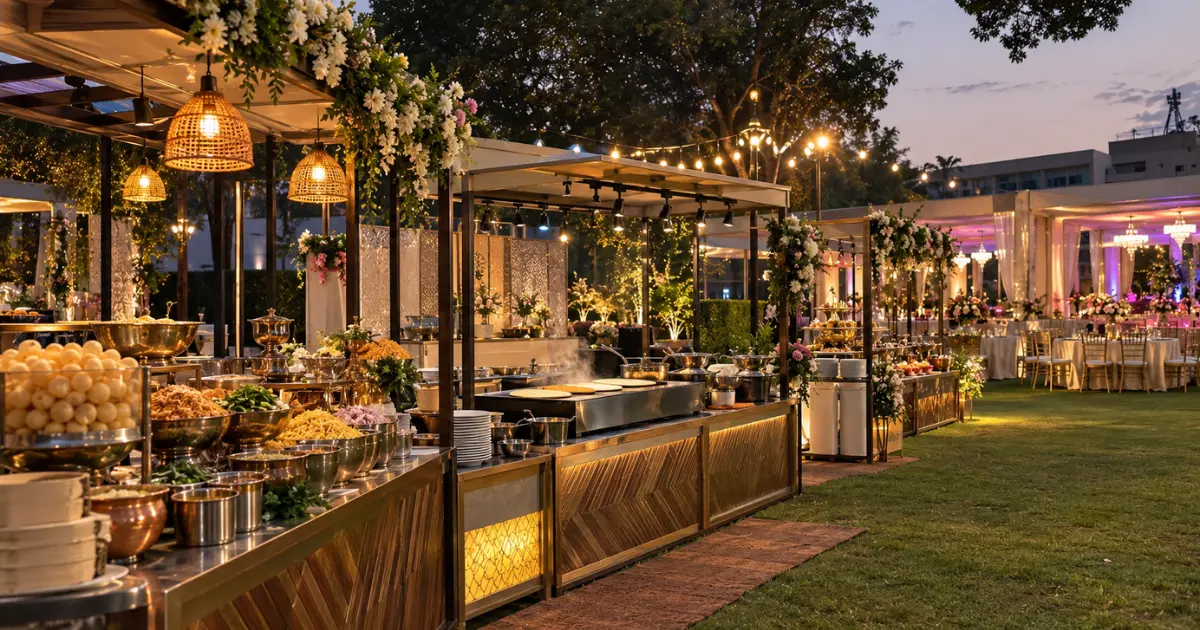 Live food counters set up on a wedding lawn at dusk